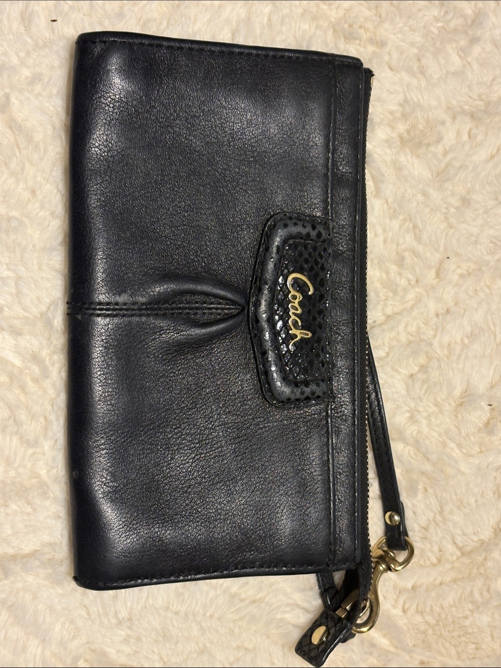 Coach Black Leather Wristlet Clutch with Gold Logo